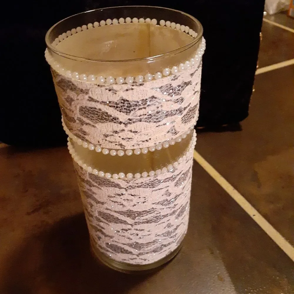 Handcrafted Bling Vase. Lace, glitter, pearls.